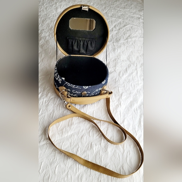 Small Canvas Circle Purse handbag Crossbody Purse With Mirror Blue Beige - Picture 4 of 9